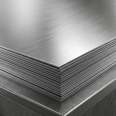 Bundles of ASTM A240 304 and EN X5CrNi18-10 stainless steel sheets and plates stacked in a manufacturing factory yard in India.
